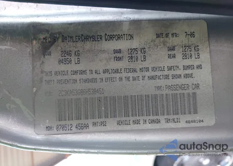 2006 Chrysler 300 Touring z USA, uszkodzony, nr VIN 2C3KA53G86H538451